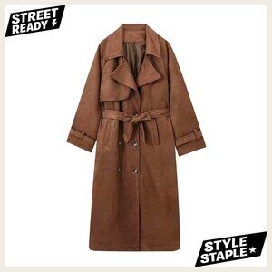 Women's Faux Suede Trench Coat Double Breasted Belted Slim Fit Ankle Length